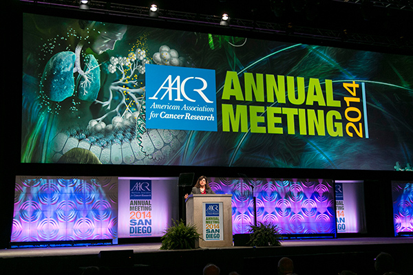 Margaret Foti, PhD, MD (hc), speaks during the opening ceremony of the AACR Annual Meeting 2014 in San Diego.