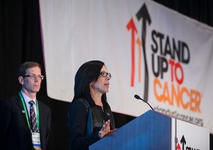 Elizabeth Jaffee, MD, leader of the SU2C-The Lustgarten Foundation Pancreatic Cancer Convergence Dream Team, speaks during last year's SU2C Dream Team announcement at the AACR Annual Meeting. With her is the Team's co-leader, Robert Vonderheide, MD, DPhil. 
