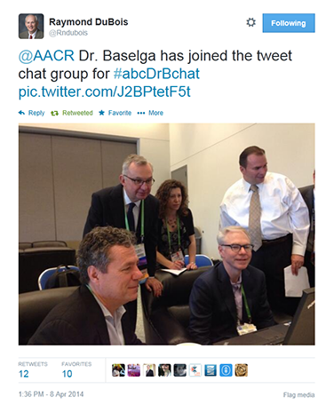 DuBois shares a scene from the AACR Annual Meeting 2014 on Twitter. In this photo, Scott Lowe, PhD, José Baselga, MD, PhD, and Charles Sawyers, MD, participate in an ABC News Twitter chat on breakthroughs in cancer research, held to coincide with the meeting. DuBois and a number of other attendees joined the chat as well.