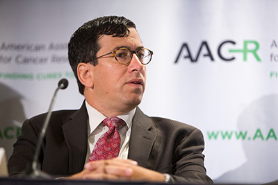 Dr. Edward Garon during a press conference at the AACR Annual Meeting 2015 where he presented data from the KEYNOTE-001 trial.