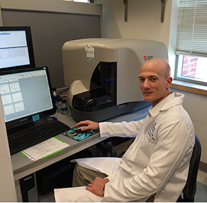 Dr. Eric Lutz, 2013 recipient of the Pancreatic Cancer Action Network-AACR Career Development Award, in his lab.