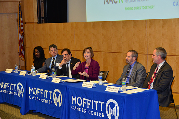 Rep. Kathy Castor speaks on a panel alongside Rep. Gus Bilirakis at Moffitt Cancer Center on March 7, 2016, about the importance of federal funding for cancer research.