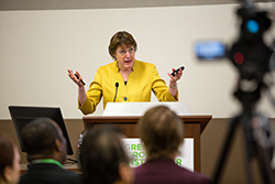 AACR President Nancy Davidson, MD, speaks to a full room at the "Progress and Promise Against Cancer" community event in New Orleans. Photo by © AACR/Scott Morgan 2016 
