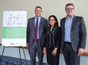 Workshop co-chairs, Pasi JŠnne, MD, PhD, left, Reena Philip, PhD, center, and Gideon Blumenthal, MD, right, during the FDA-AACR: Liquid Biopsies in Oncology Drug and Device Development workshop at Walter E. Washington Convention Center in Washington, DC, on Tuesday, July 19, 2016. (Alan Lessig/)